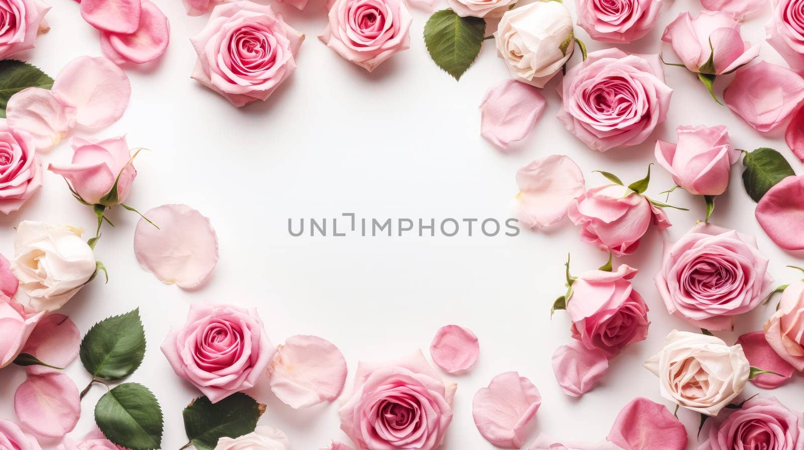 Elegant flat lay composition featuring a delicate framework made of roses on a clean white background. A timeless and romantic floral arrangement.