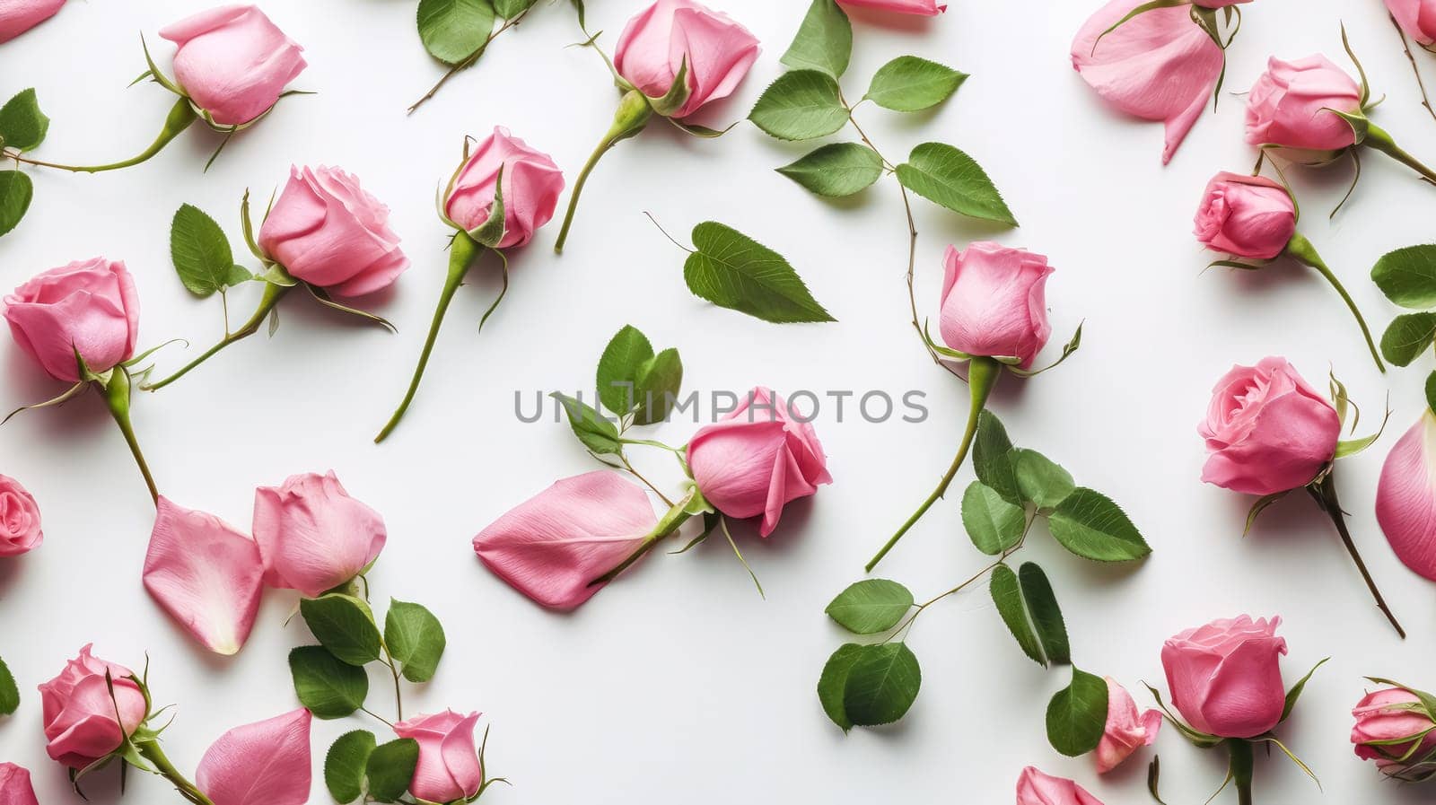 Elegant flat lay composition featuring a delicate framework made of roses on a clean white background. A timeless and romantic floral arrangement.