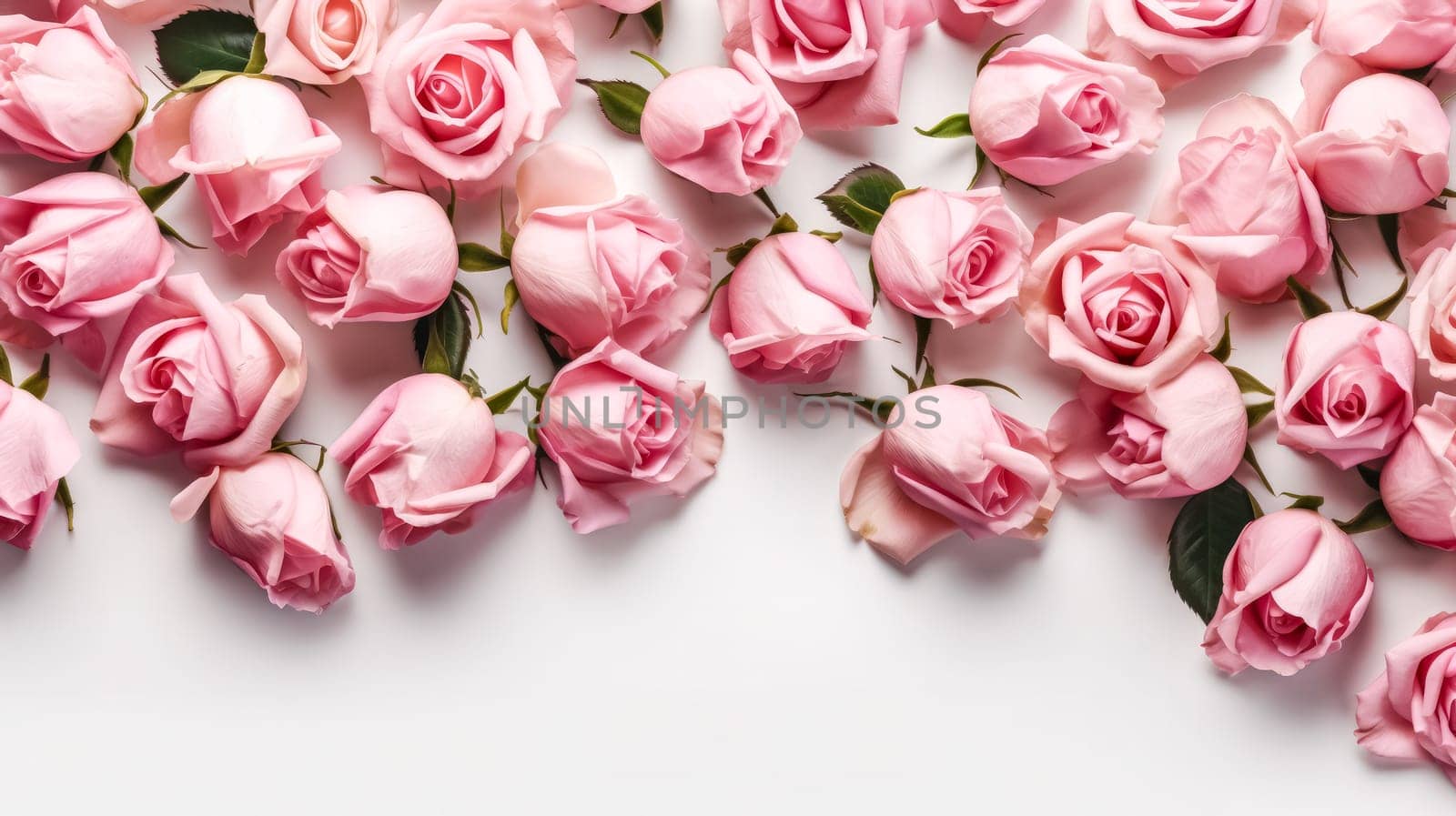 Elegant flat lay composition featuring a delicate framework made of roses on a clean white background. A timeless and romantic floral arrangement.