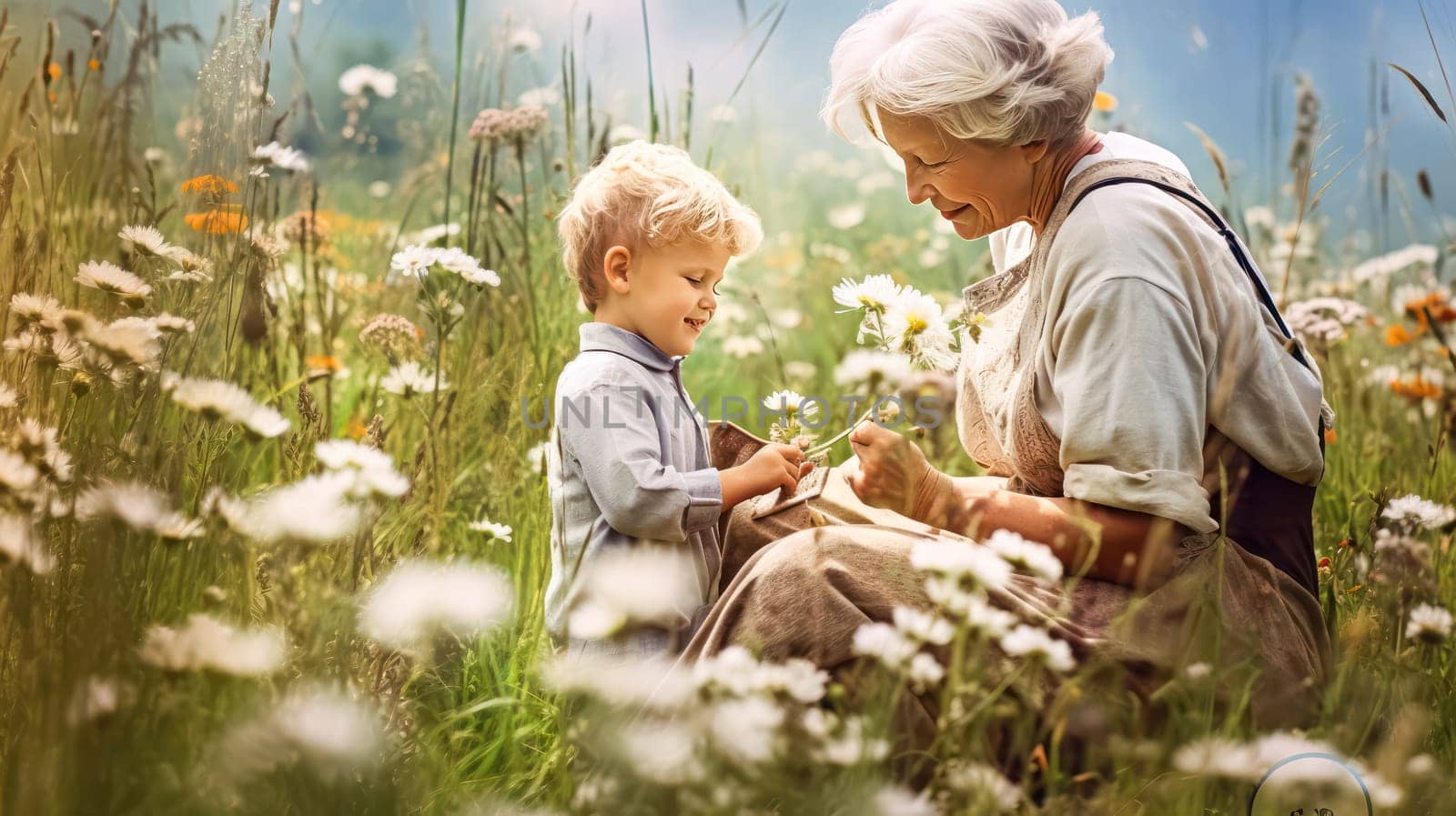Enchanting image of a mom in a field with flowers, radiating warmth and natural beauty. Standard visual capturing the essence of motherhood and nature.