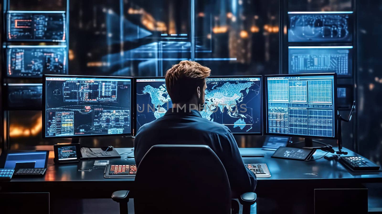 Male software engineer working in monitoring office standard illustration with live analysis feed on a big digital screen. Big data scientists and managers present.