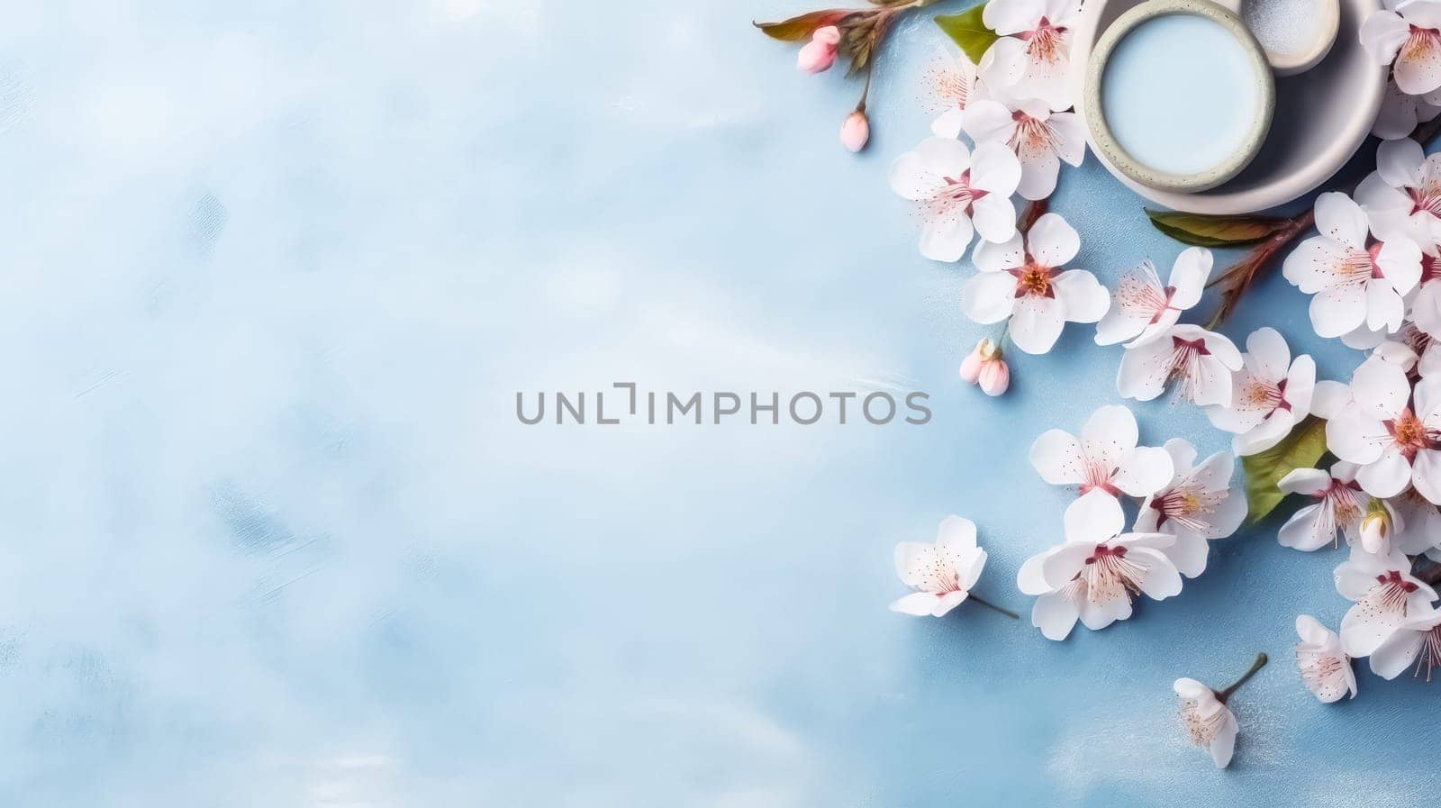 Gorgeous spring cherry branches adorned with delicate white flowers set against a soft light blue background. Petals gently falling, welcoming the beauty of spring. Ample copy space.