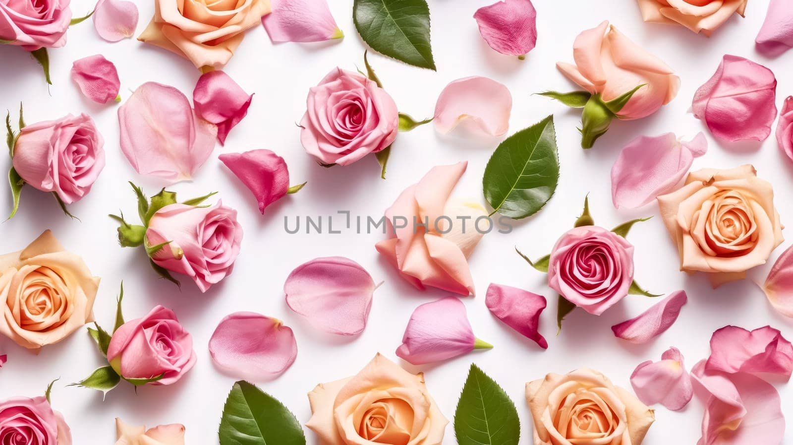 Elegant flat lay composition featuring a delicate framework made of roses on a clean white background. A timeless and romantic floral arrangement.