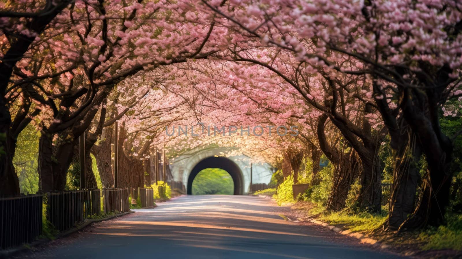 a road adorned with a captivating arch of cherry blossoms, by Alla_Morozova93