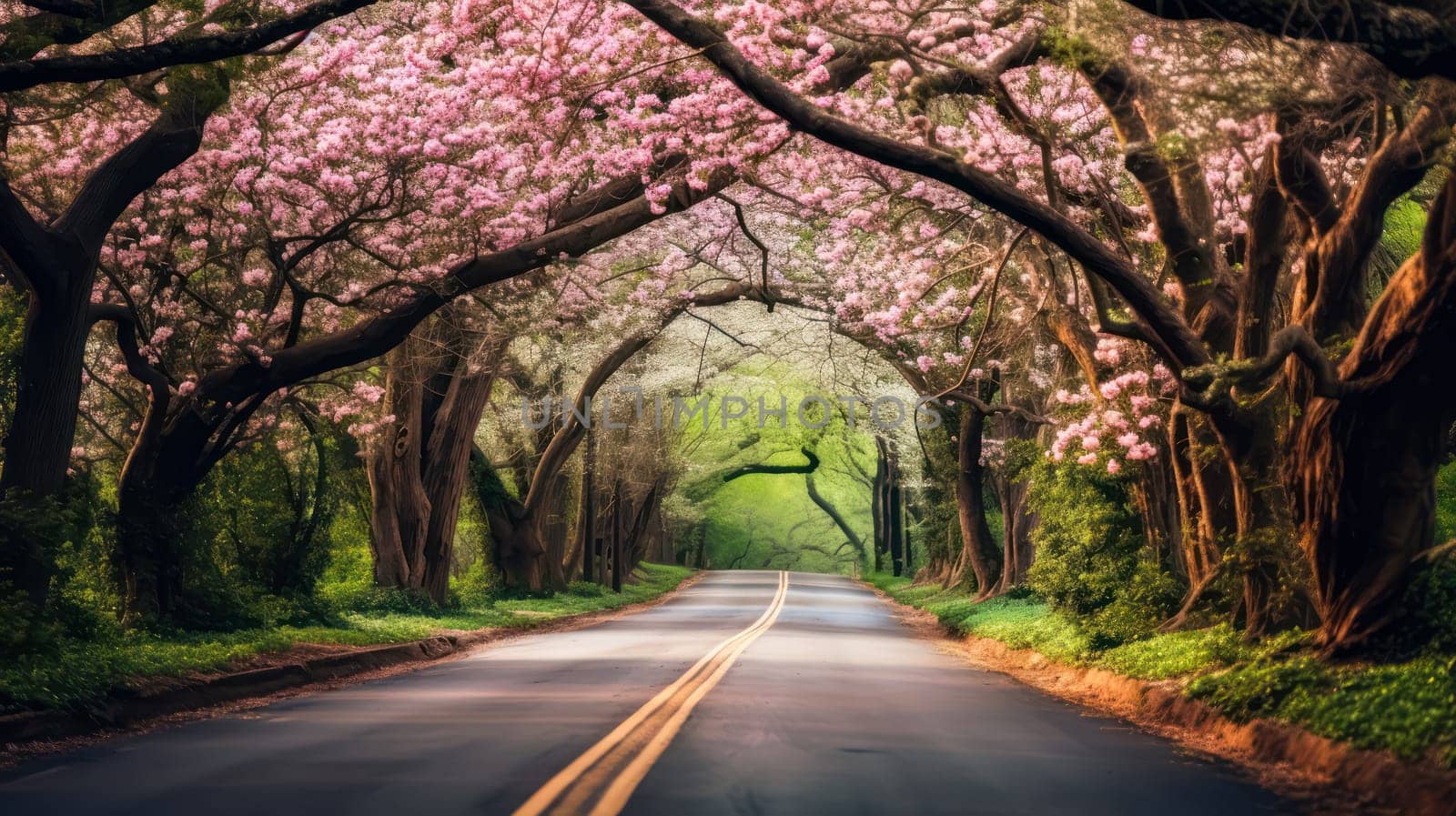 Embark on a picturesque journey down a road adorned with a captivating arch of cherry blossoms, creating a serene and enchanting scene.