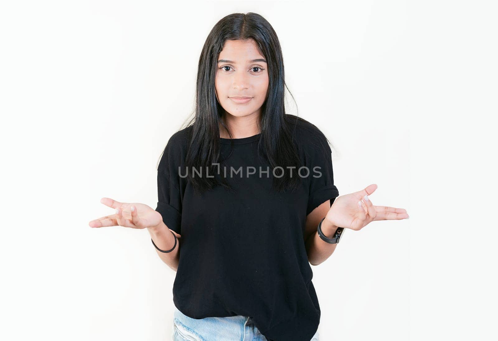 Girl with puzzled face frowning. Puzzled people making hand gestures. Puzzled woman gesturing with hand isolated