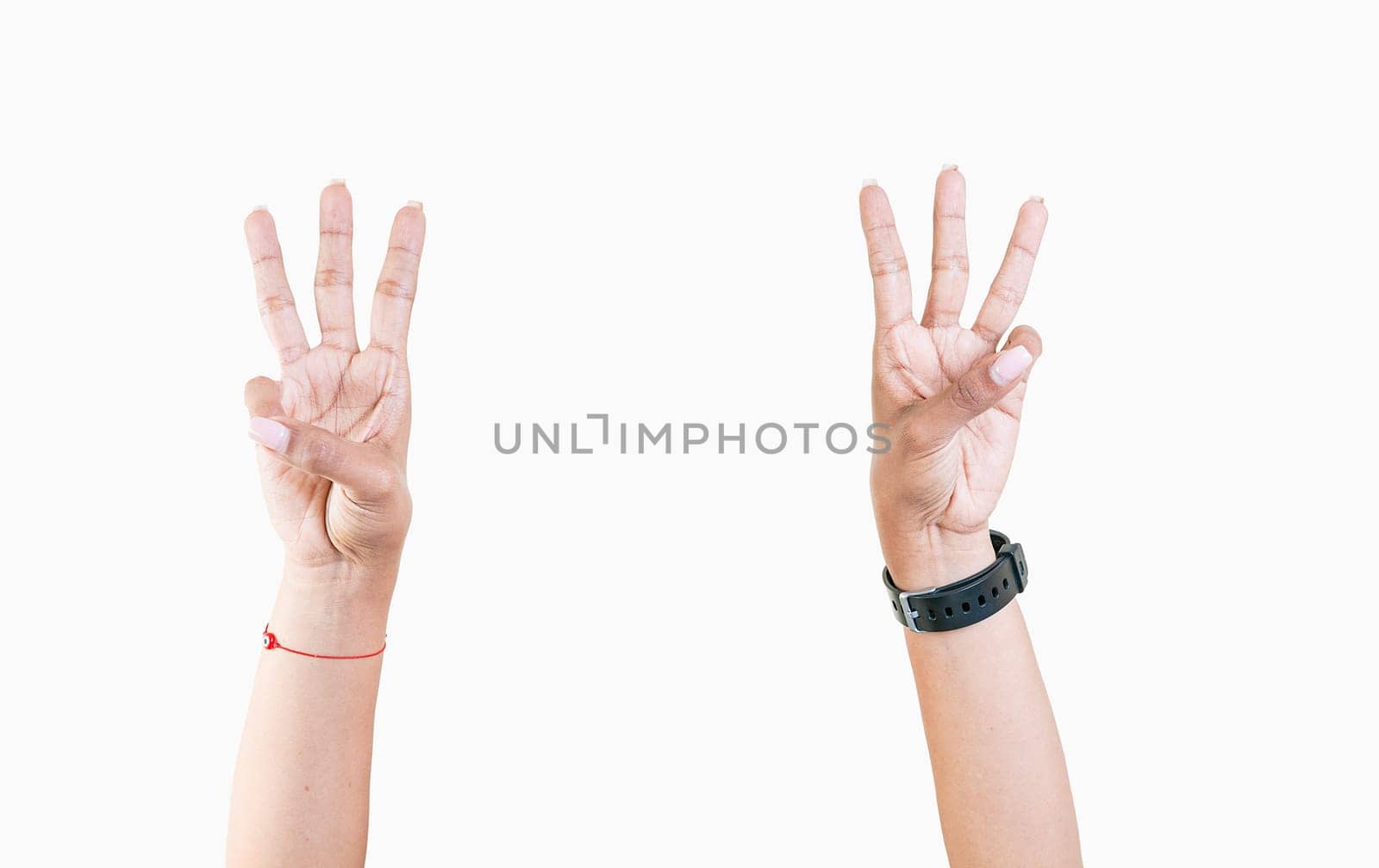 Hands counting number three. Woman hands showing number three isolated, Fingers counting number three