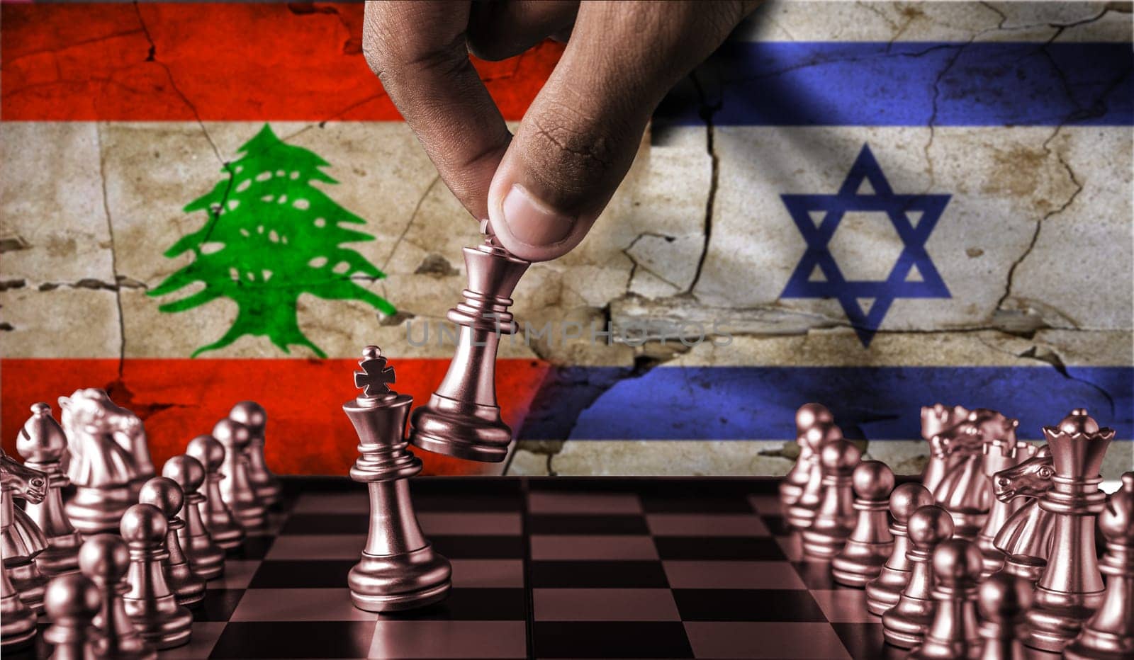 Israel vs Lebanon flag concept on chessboard. Political tension between Lebanon and Israel. Conflict between Lebanon and Israel on pieces of chessboard by isaiphoto