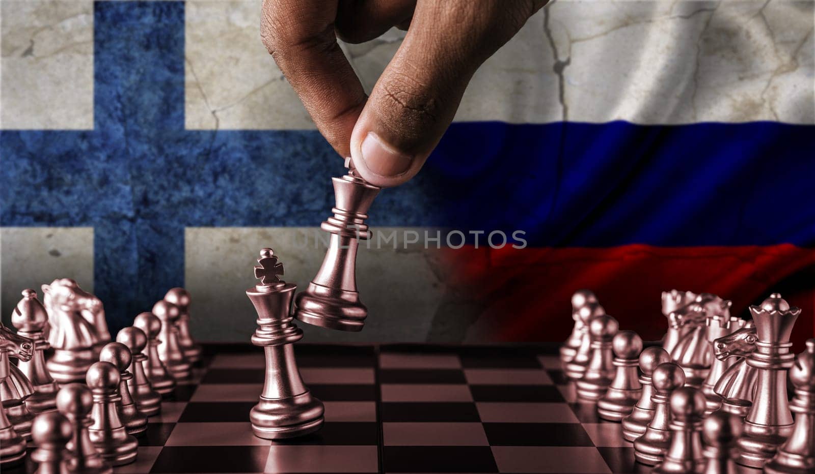 Russia vs Finland flag concept on chessboard. Political tension between Russia and Finland. Migration between Russia and Finland, Border closure