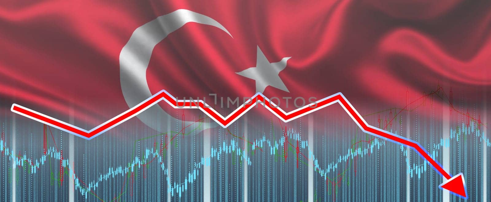 Recession graph with a red arrow on the Turkey flag, inflation. Decline of the Turkish economy. Fall of the Turkey Economy