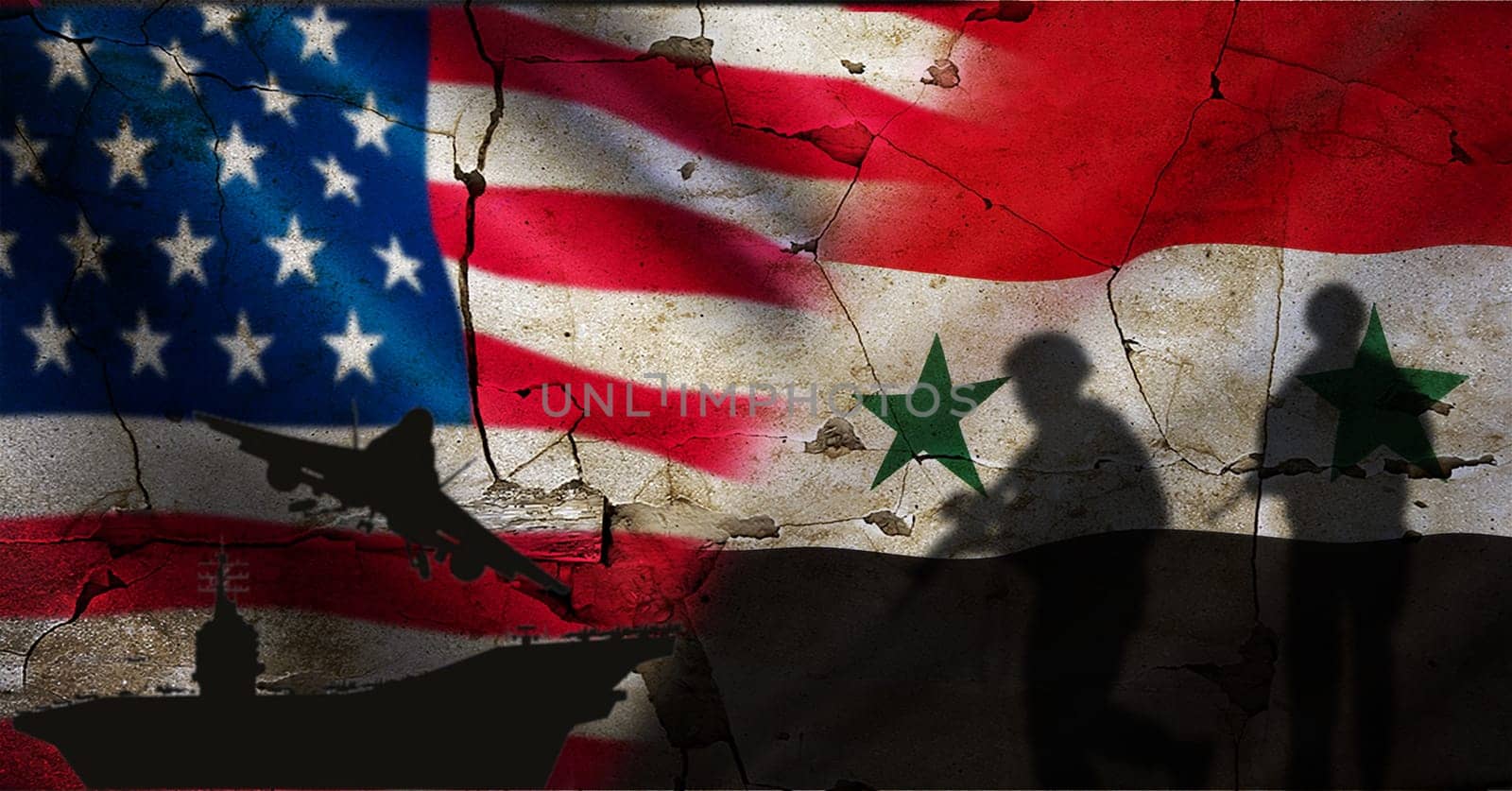 Conflict between USA and Syria concept. Political tension between the USA and Syria. United States vs Syria flag on cracked wall by isaiphoto