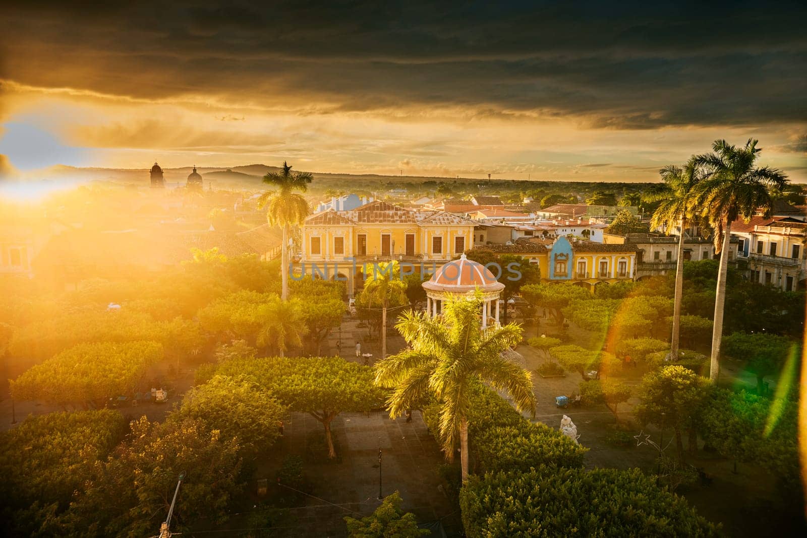 Beautiful view of central park of Granada from the viewpoint. Tourist places in Granada, Nicaragua. View of the central park of Granada at sunset by isaiphoto