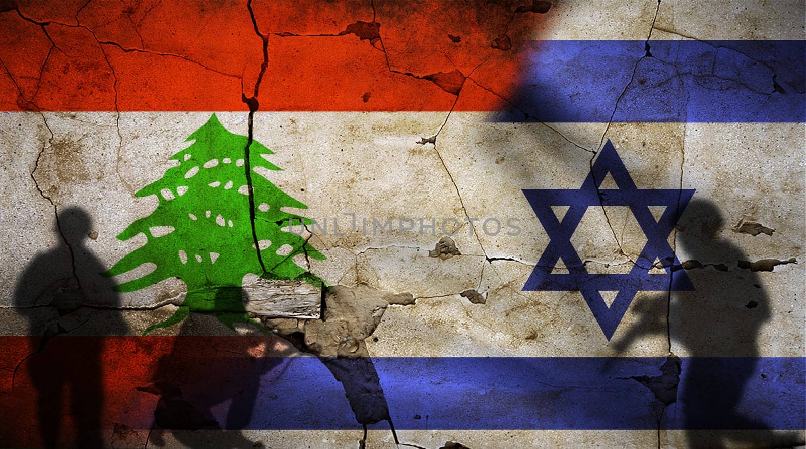 Israel vs Lebanon flag on cracked wall. Conflict between Lebanon and Israel concept. Political tension between Lebanon and Israel