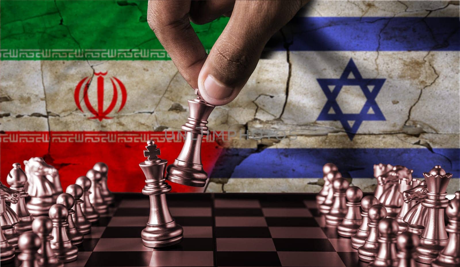 Israel vs Iran flag concept on chessboard. Political tension between Iran and Israel. Conflict between Israel and Iran on pieces of chessboard
