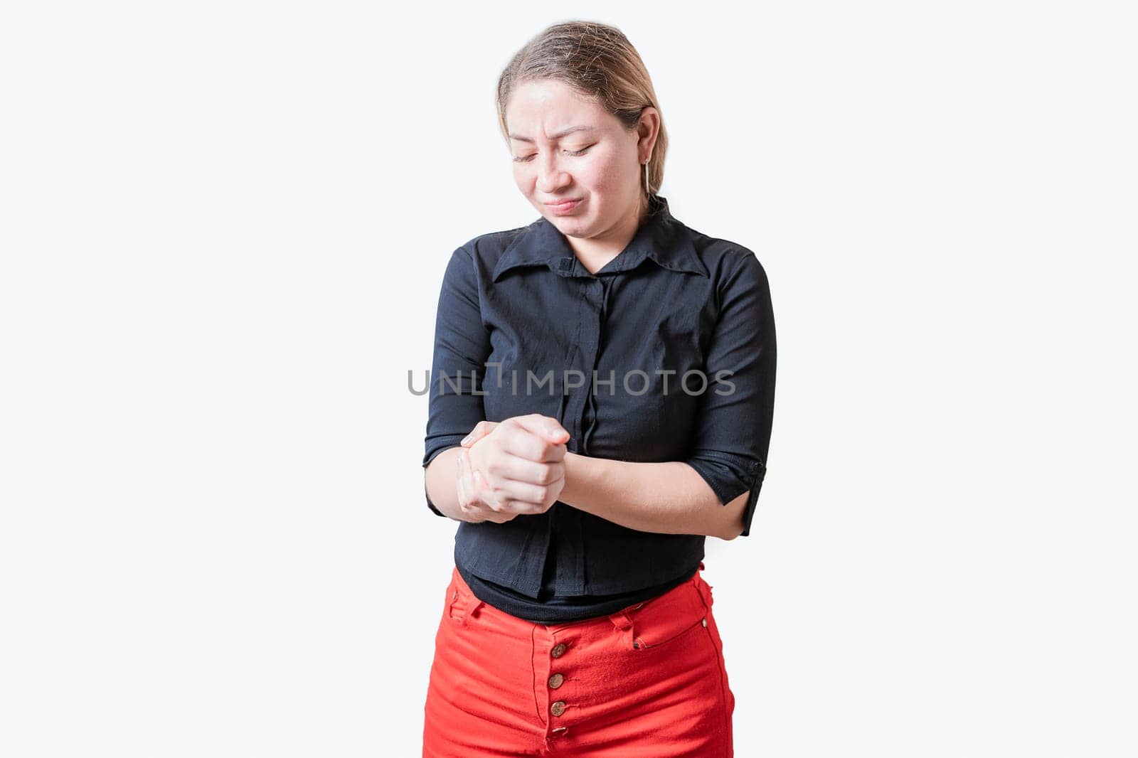 People with arthritis and hand pain isolated. Girl suffering with joint pain of hands. Woman suffering from arthritis in her hands by isaiphoto