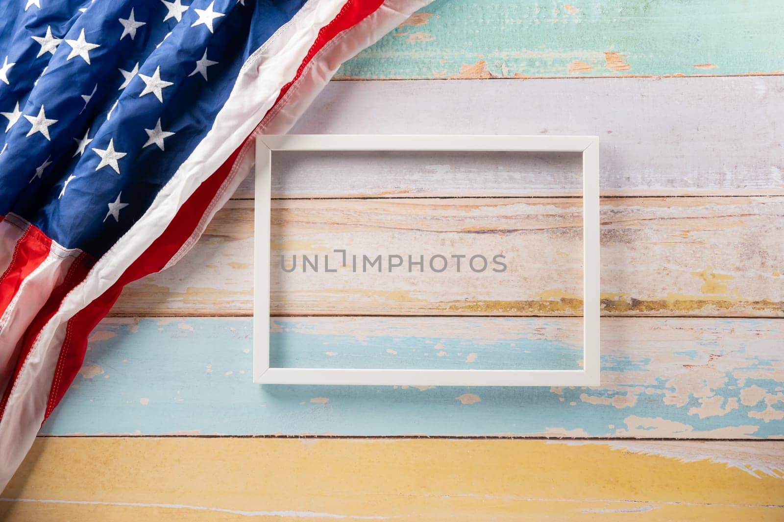 USA flag for Memorial day on abstract wooden background, Banner template design of presidents day concept, above flag of United States American with photo frame, Presidents Day, holiday background