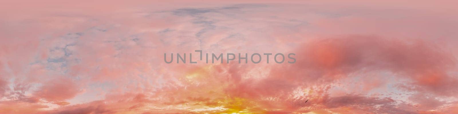 Sunset sky panorama with bright glowing pink Cirrus clouds. HDR 360 seamless spherical panorama. Full zenith or sky dome in 3D, sky replacement for aerial drone panoramas. Climate and weather change. by Matiunina