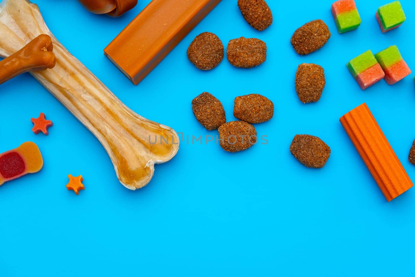 Pet snacks for dogs on blue background by Fabrikasimf