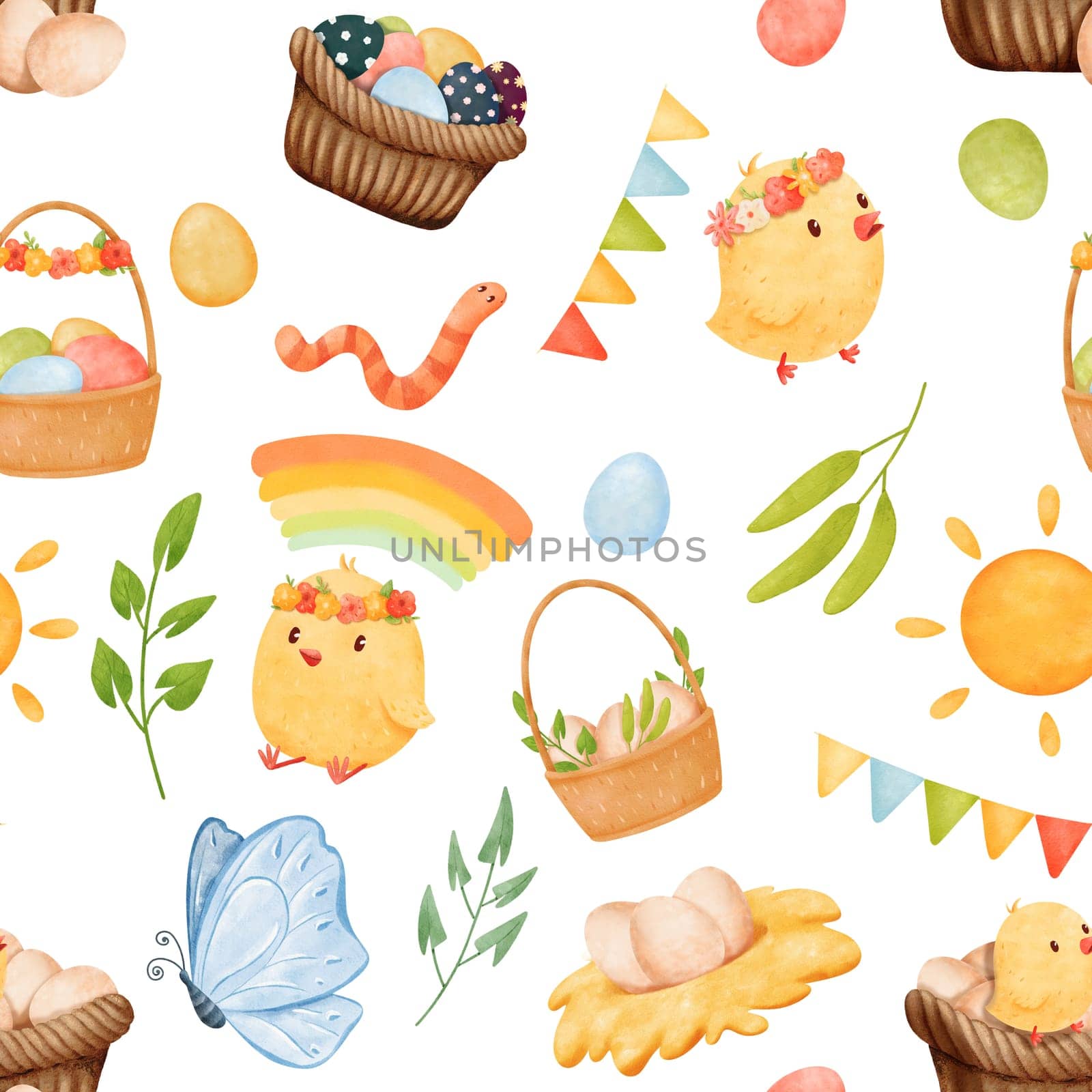 seamless watercolor pattern, chicks, egg baskets garlands butterflies greenery, and the sun, Easter theme. cartoonish style, for applications, textiles, stationery, and festive decorations by Art_Mari_Ka
