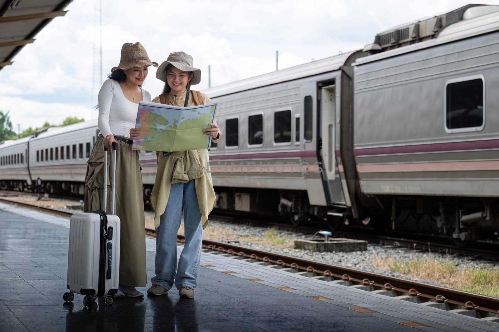 Travel concept. girl friend wear hat holding map have bag and luggage. female traveller waiting train at train station.