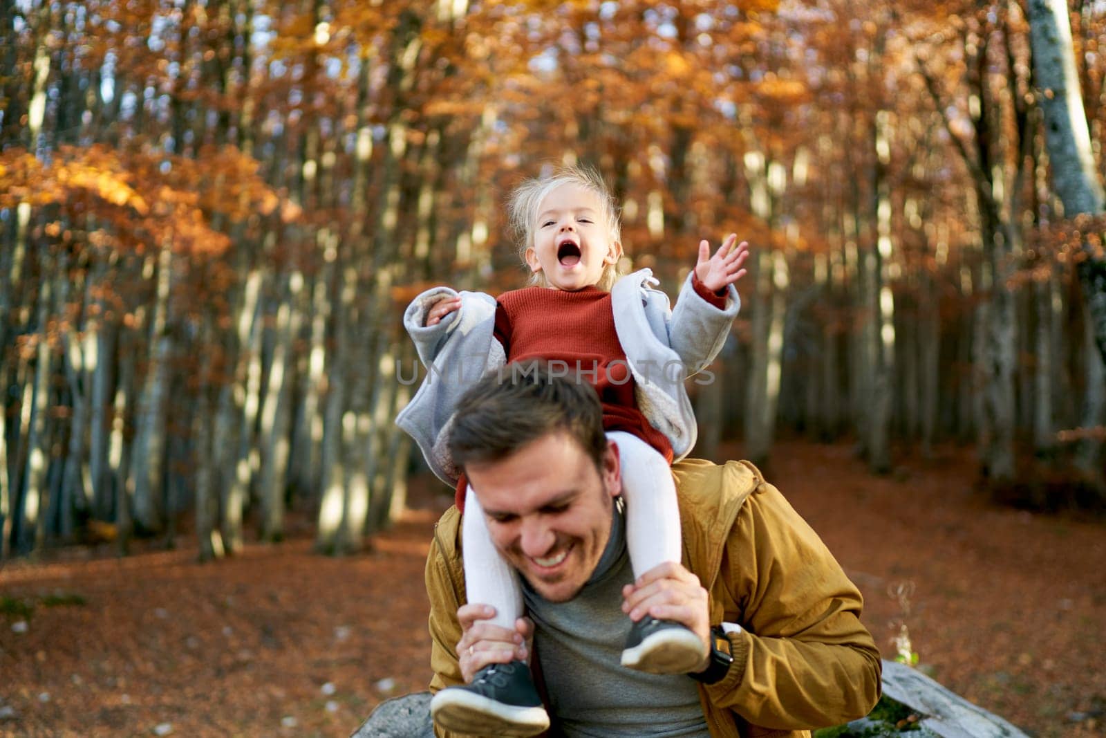 Little laughing girl waves her hands while sitting on the shoulders of her dad, who leaned forward by Nadtochiy