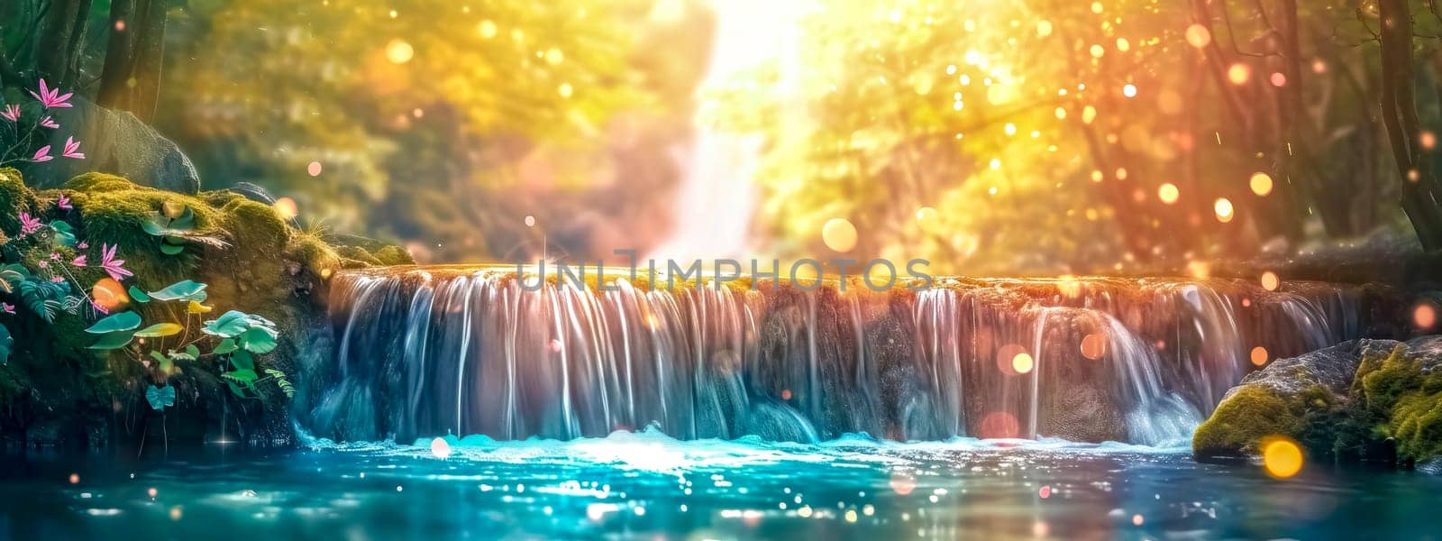 luminous, fairy tale-like waterfall surrounded by vibrant flora, with a magical glow of light particles and a serene, mystical atmosphere. banner