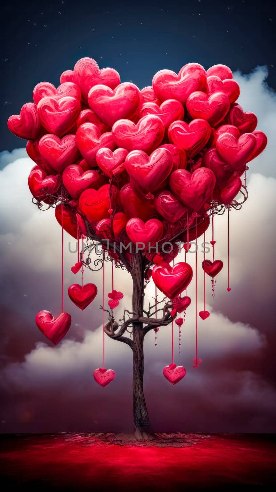 valentine day, whimsical tree with branches forming a canopy of glossy, oversized red heart-shaped balloons against a dramatic sky, symbolizing love and romance in a surreal, artistic setting vertical