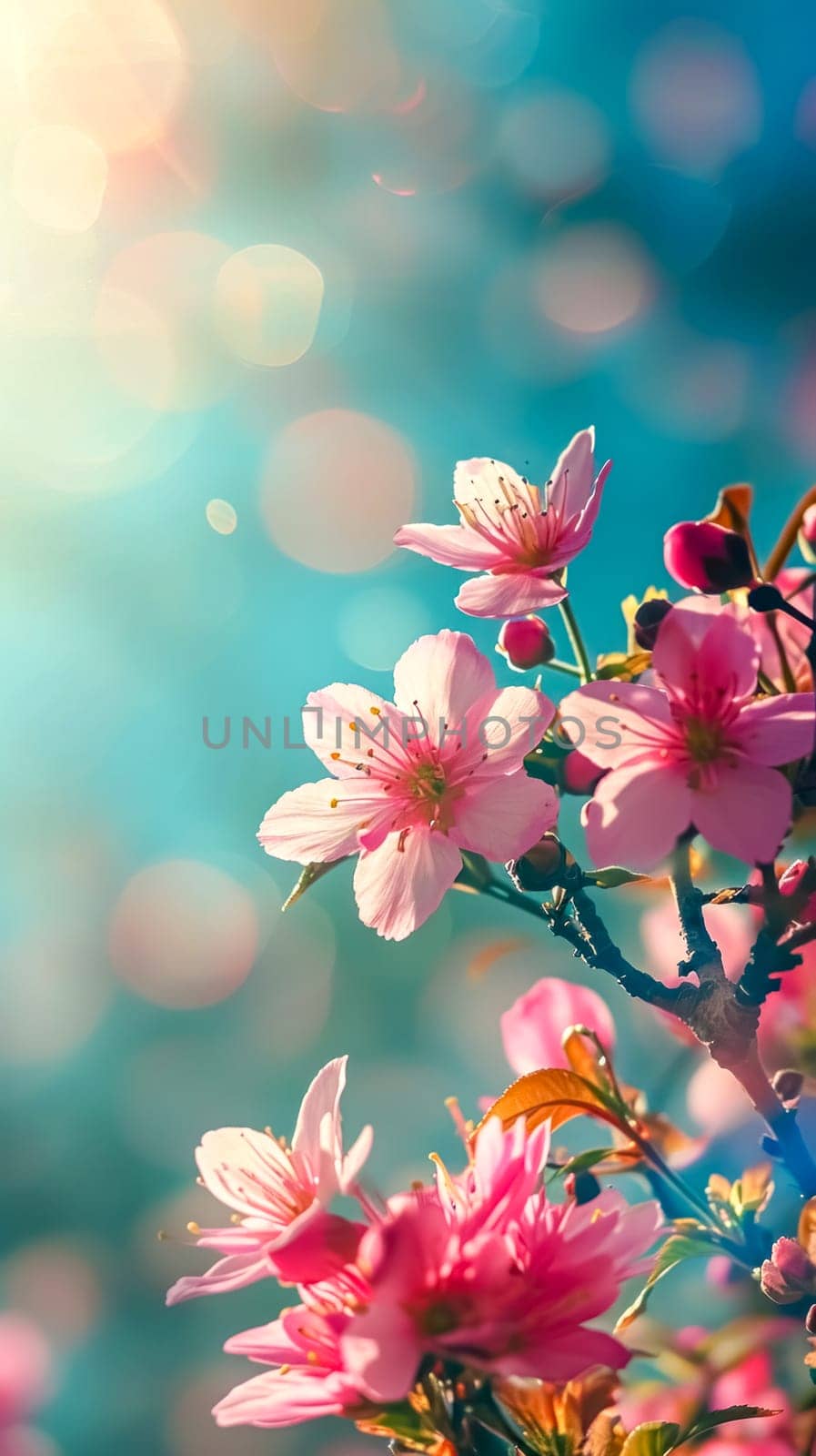 delicate pink cherry blossoms in bloom, with a soft, blurred blue background, conveying the gentle beauty of spring in a minimalist style. vertical, copy space