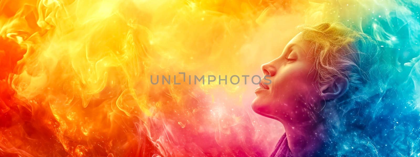 woman's face, serene and contemplative, emerging from a vibrant backdrop of swirling colors that transition from warm oranges to cool blues, inner peace and the spectrum of human emotion. copy space