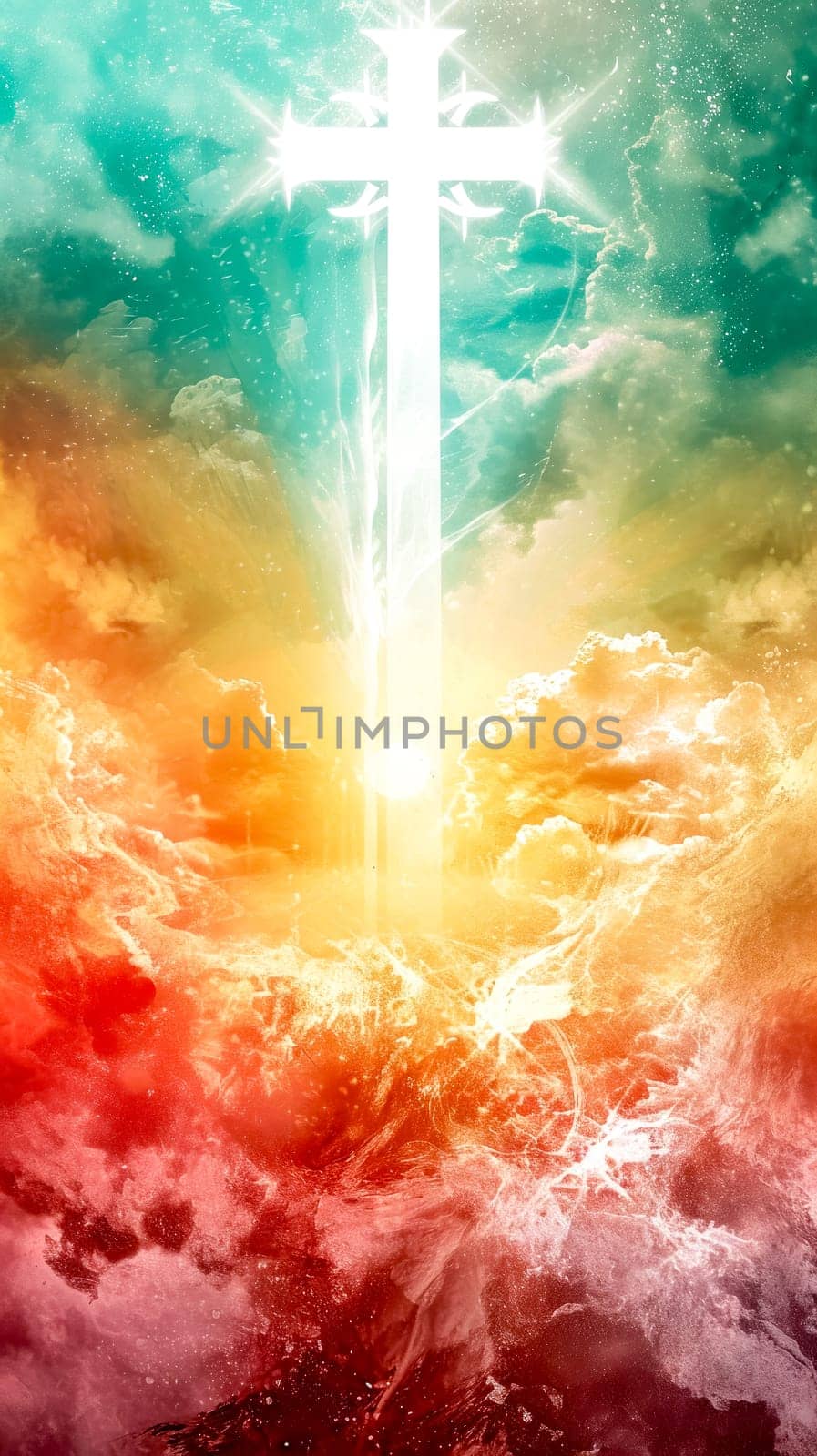 radiant cross illuminating a tumultuous sky with swirling clouds and beams of light, symbolizing hope, faith, and spiritual awakening against a backdrop of chaos and beauty. vertical