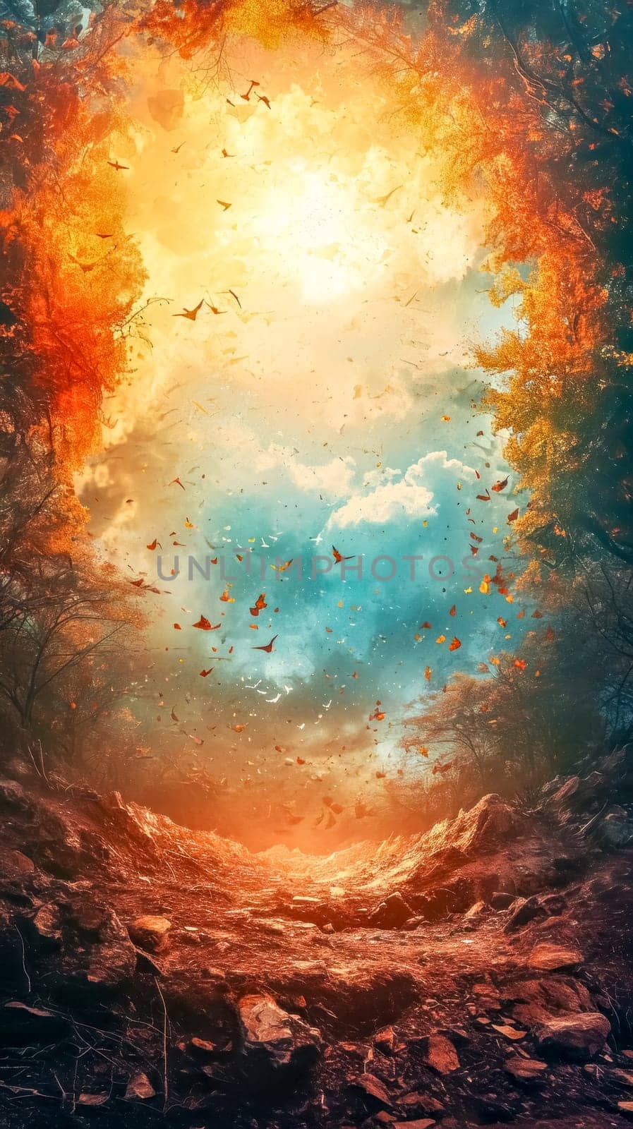 breathtaking scene of a forest path leading to a radiant, sunlit clearing, with fiery autumn leaves swirling in the air, suggesting a magical journey or transformation, vertical, copy space