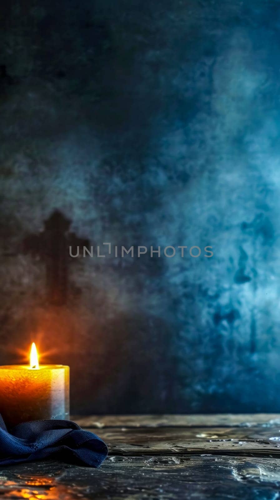 single lit candle casting a warm glow against a dark, textured backdrop with a subtle cross silhouette, conveying a sense of hope, contemplation, and solemnity within a spiritual or religious context by Edophoto