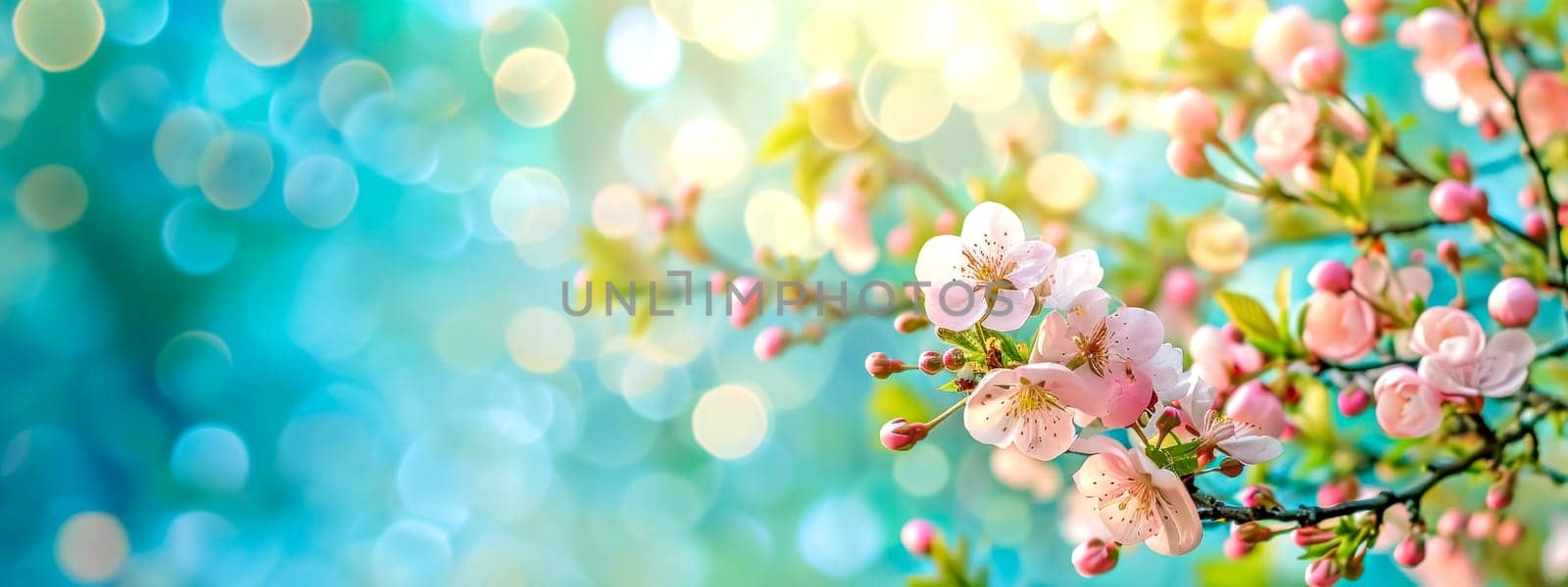 branch of delicate pink cherry blossoms with a dreamy, bokeh light-filled blue background, symbolizing the refreshing and joyful arrival of spring. banner with copy space