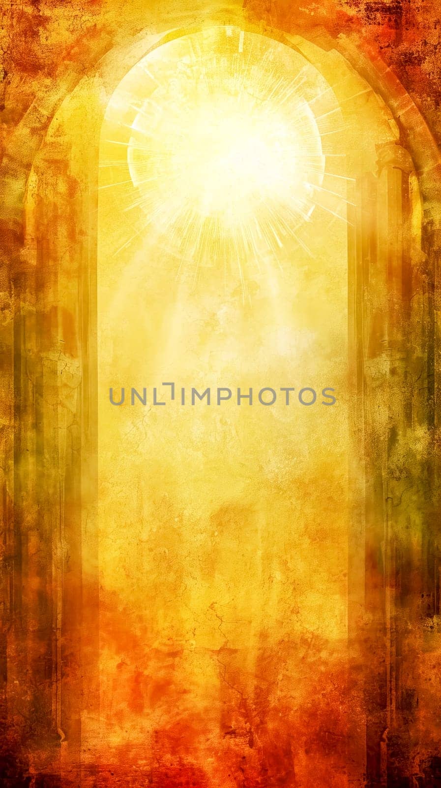 light emanating from an arched doorway, creating an intense and warm glow that symbolizes enlightenment, guidance, passage to the divine, textured golden backdrop, wisdom and spiritual awakening