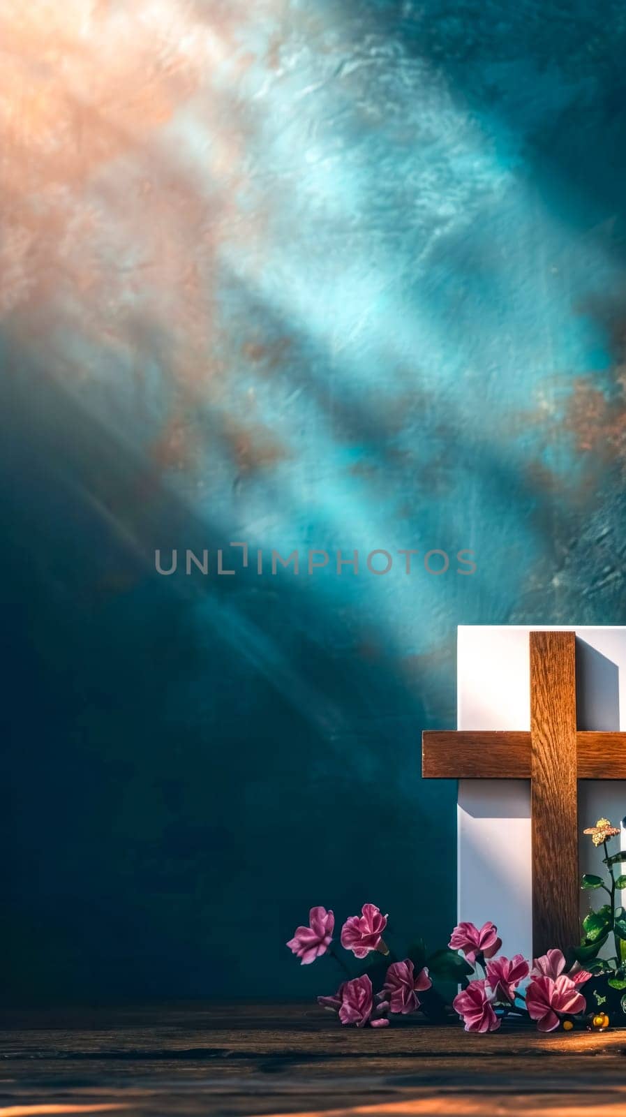 simple wooden cross against a radiant blue background, adorned with delicate pink flowers at its base, conveying a message of peace, spirituality, and the beauty of faith. vertical, copy space