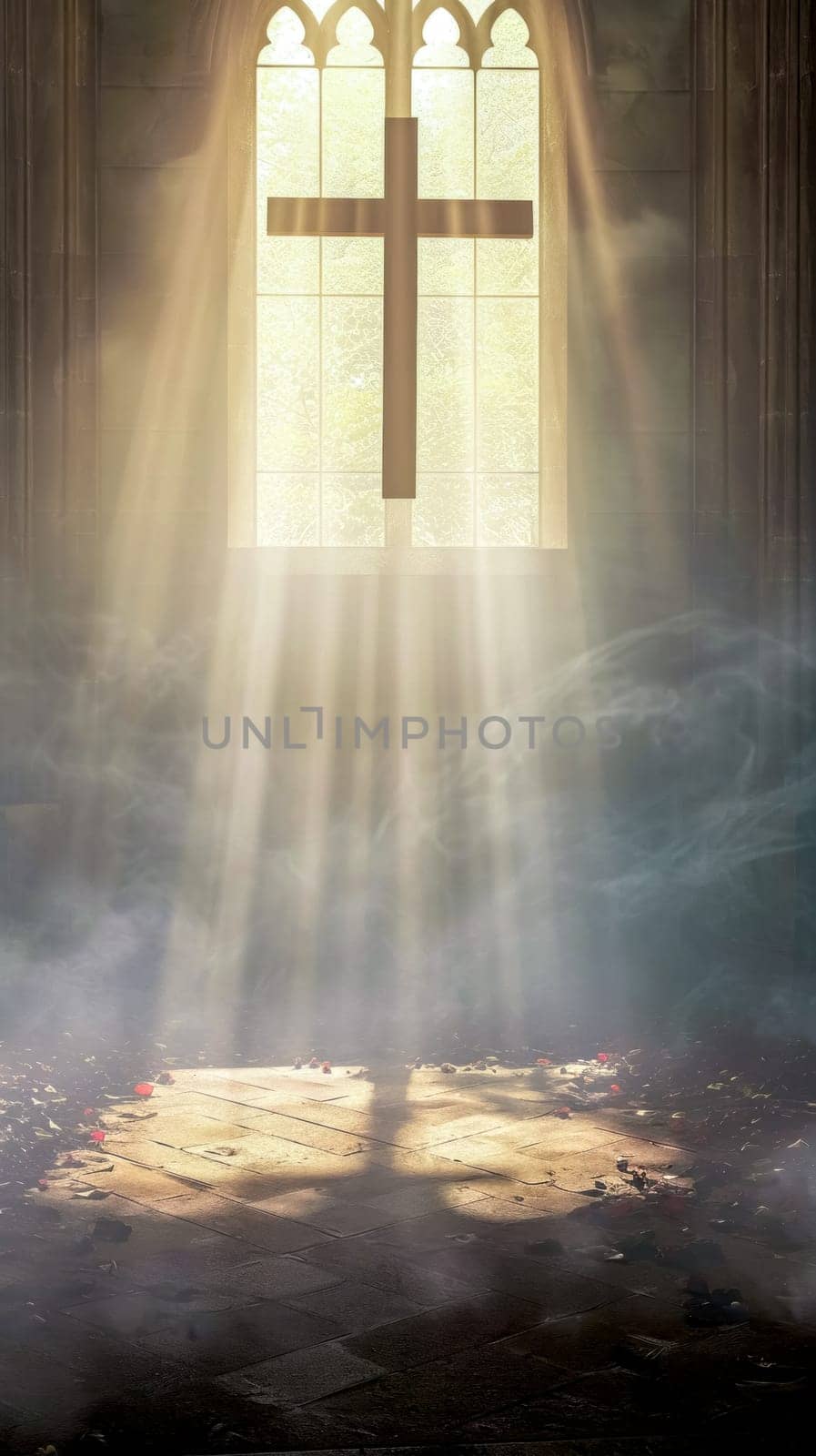 A Christian cross in a church interior with sunlight streaming through a stained-glass window, casting a shadow on the floor. light illuminates dust particles and creates an atmosphere of reverence by Edophoto