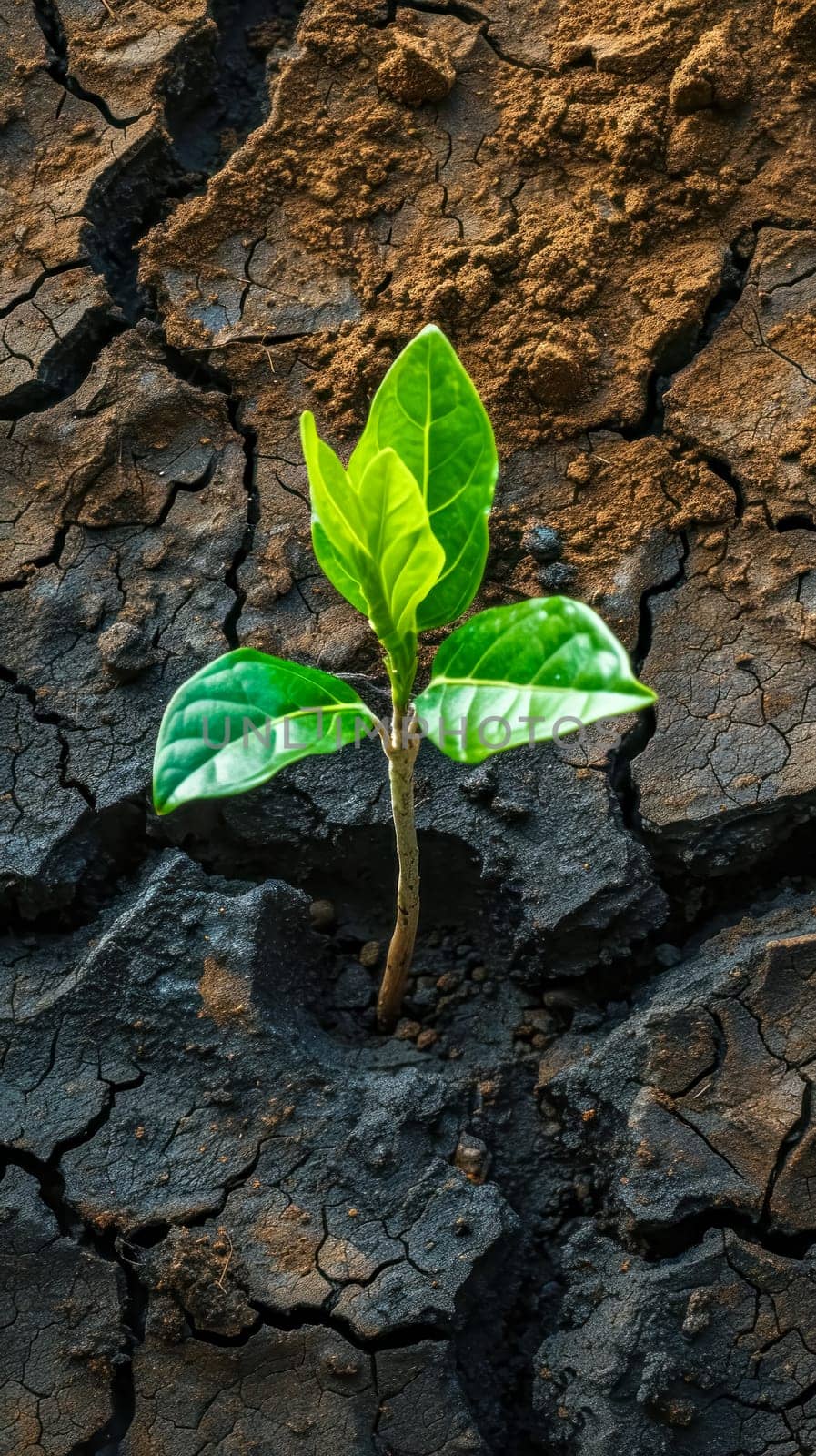 young, vibrant green plant sprouting from a parched, cracked earth, symbolizing hope, resilience, and the power of life to persist in the harshest conditions. by Edophoto