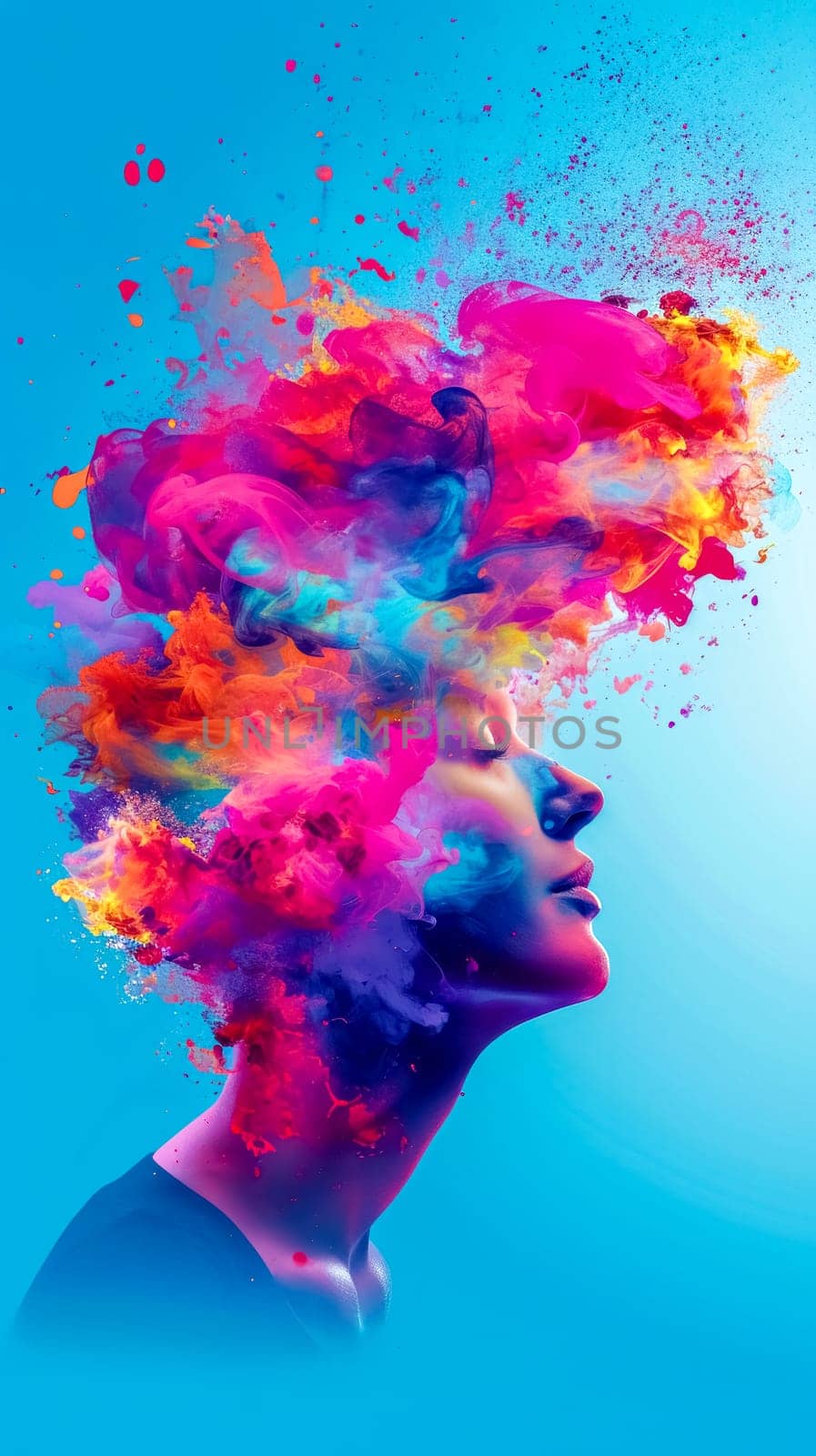woman's profile with her head transforming into a vibrant explosion of colors and paint splatters, symbolizing creativity, imagination, and the unleashing of ideas or the freeing of the mind by Edophoto