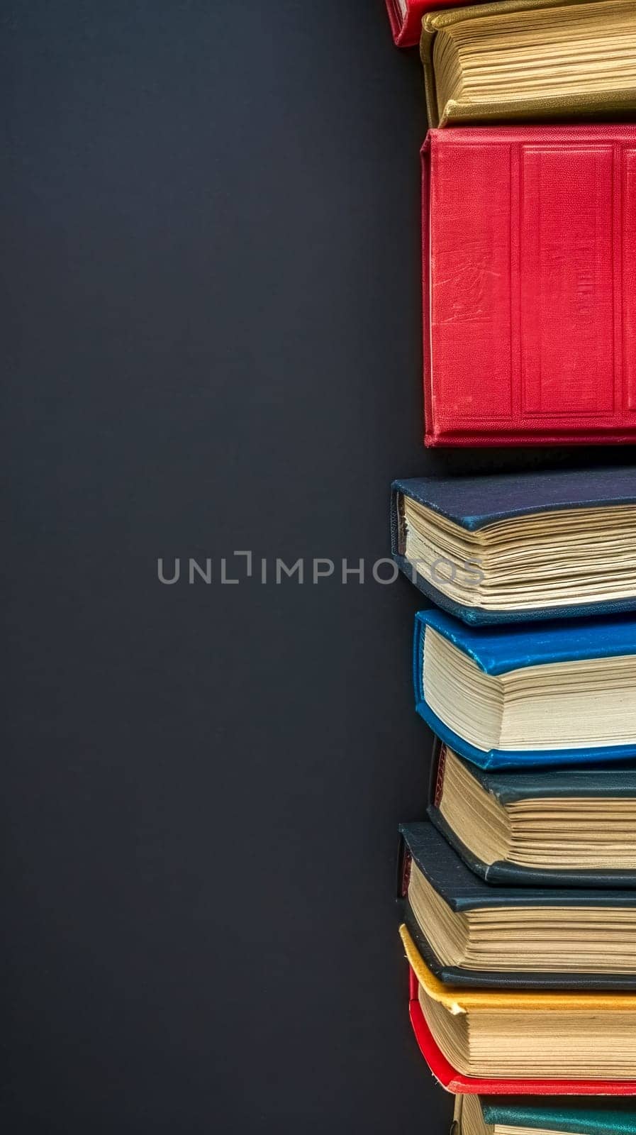 stack of hardcover books in a variety of colors against a dark background, forming a neat, vertical alignment on the left, copy space, design elements, education, literature, and knowledge by Edophoto