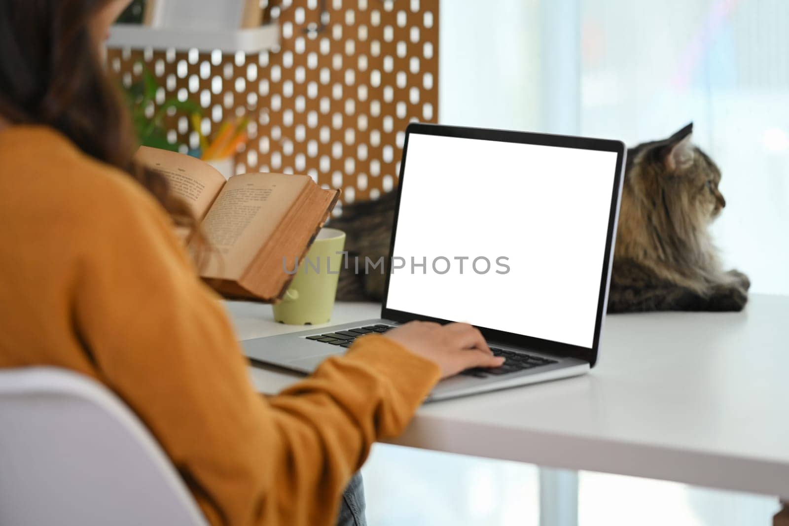 Side view of female freelancer working online at home on laptop. Blank screen for text. by prathanchorruangsak