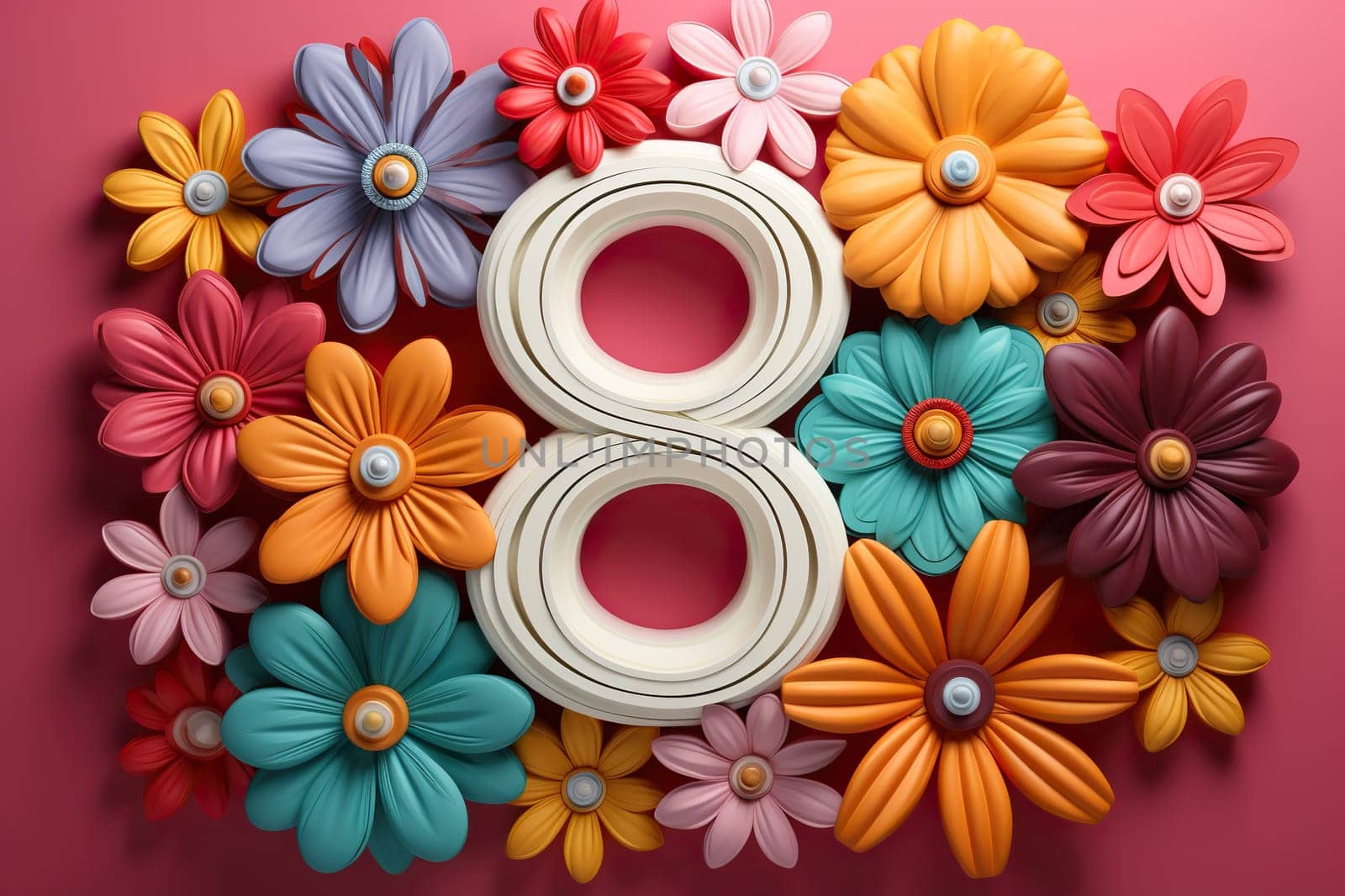 Composition with the number 8 and flowers made of paper, plasticine. March 8 concept.