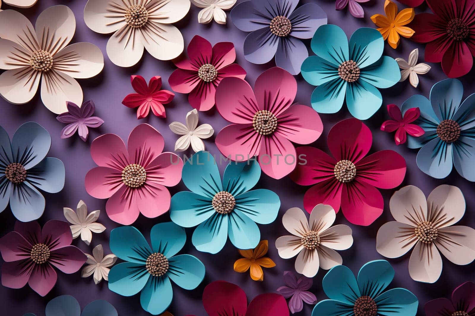 Background of multi-colored flowers cut out of paper. Generated by artificial intelligence by Vovmar