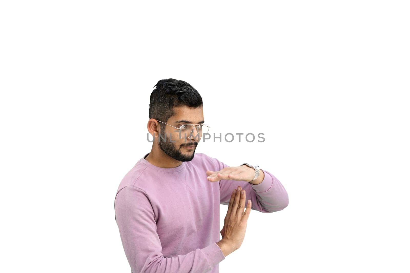 A man, on a white background, in close-up, shows a pause sign by Prosto