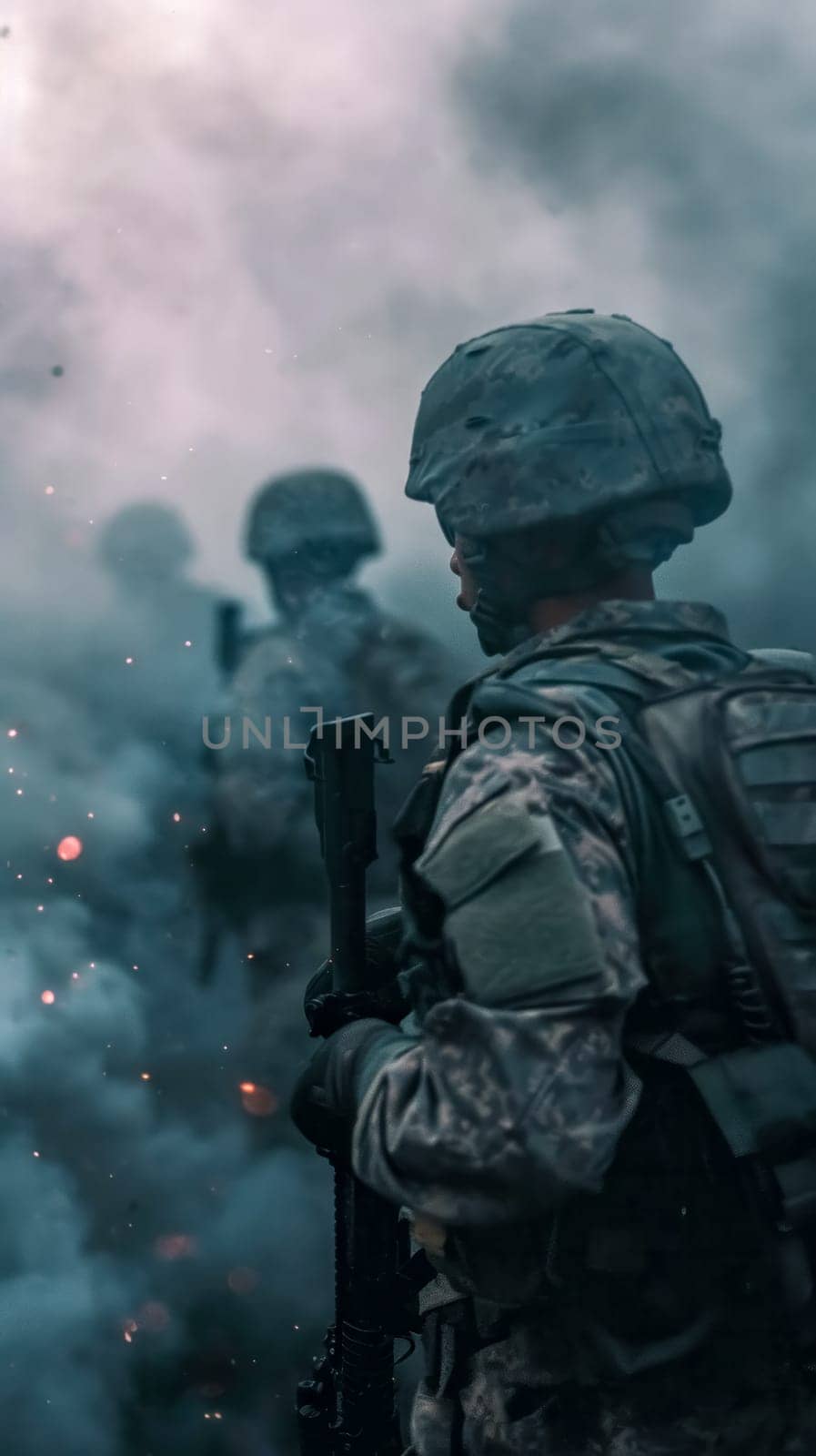 A solemn soldier in full gear stands in focus in the foreground with a rifle, while the background features blurred figures in a smoky, possibly combat-related environment. vertical