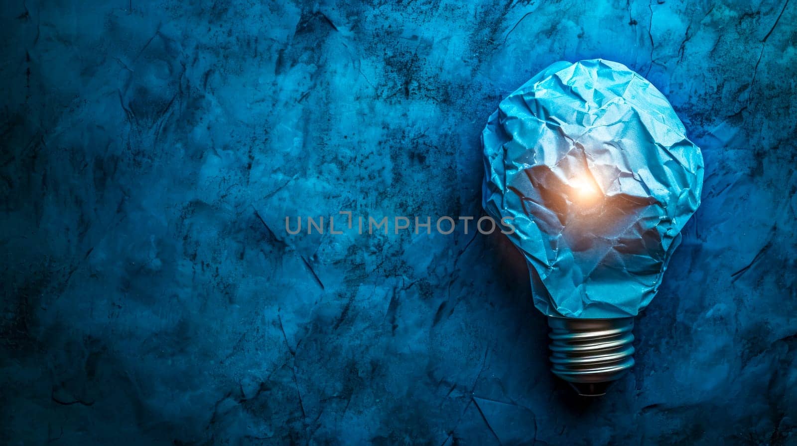 An illuminated light bulb wrapped in crumpled blue paper against a textured blue backdrop, suggesting innovation, inspiration, and creativity. banner with copy space