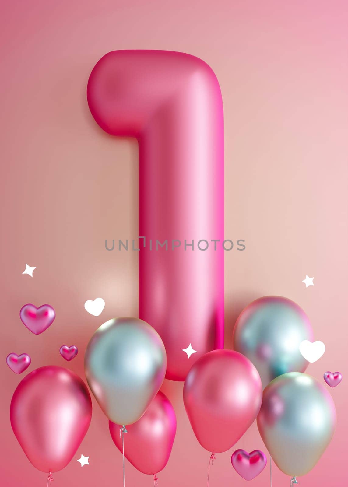 Pink, glossy number one on gradient background. 1 Year Old. First Birthday Celebration. Girls party. Baby girl celebrates. Special event. Anniversary of the beauty company, women's business. 3D