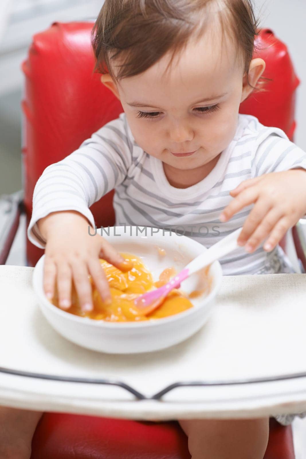 Baby, high chair and eating food in bowl for meal, nutrition or healthy porridge at home. Young, cute and adorable little child, kid or toddler playing with snack for hunger, vitamins or nutrients.