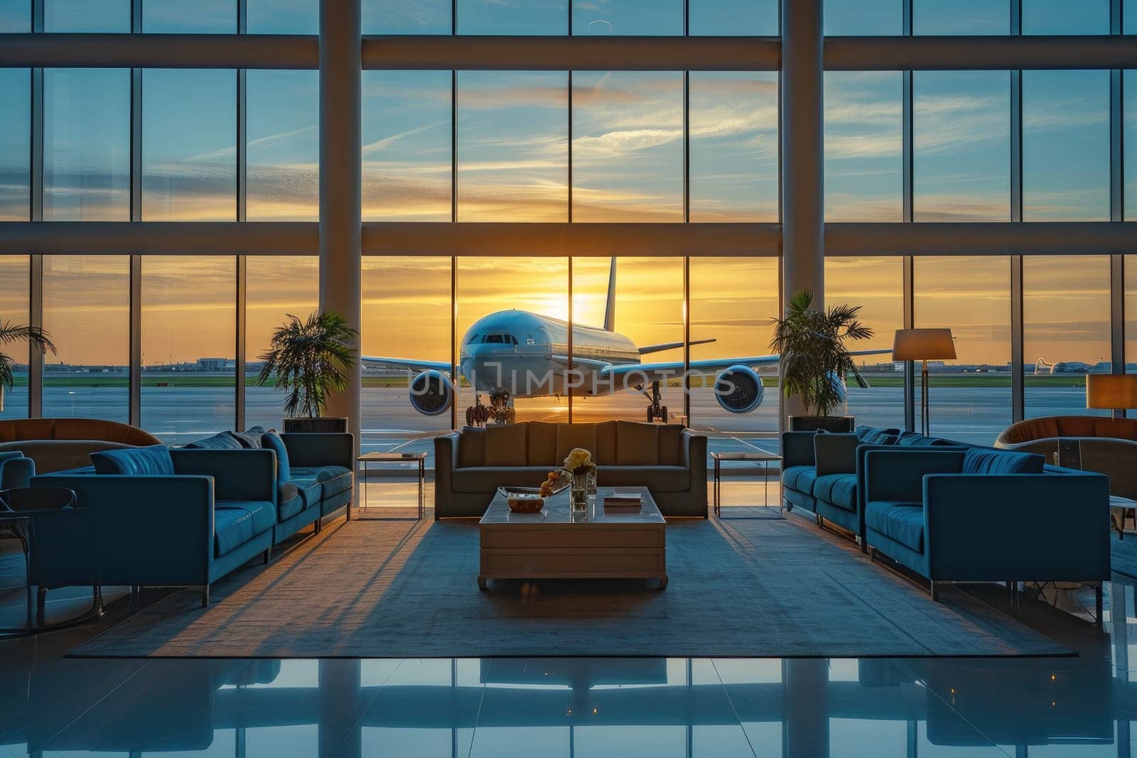 Empty luxury lounge in passenger hall at airport terminal. Generative AI.