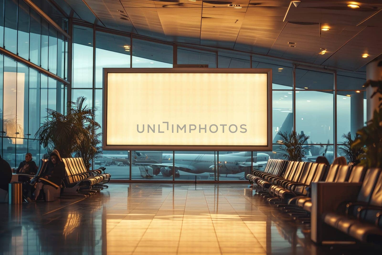 Billboard for advertisement in passenger hall at airport. Generative AI.