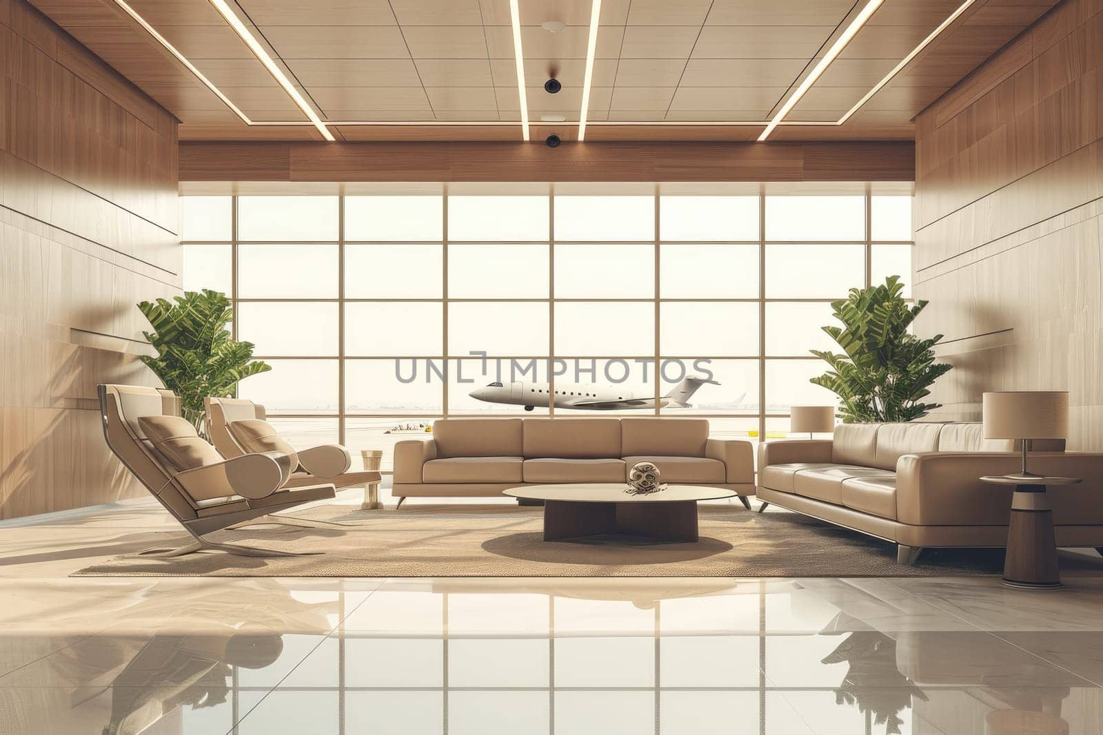 Empty luxury lounge in passenger hall at airport terminal. Generative AI by itchaznong